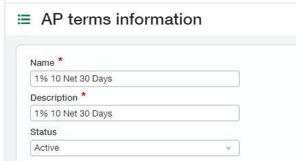Sage Intacct vendor terms name and description fields