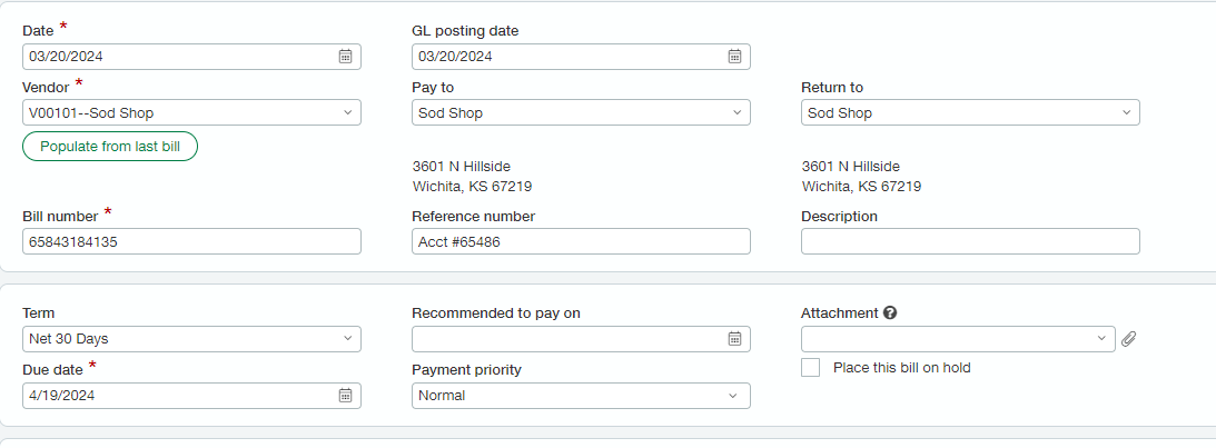 Sage Intacct bill header fields