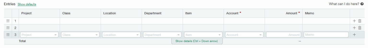 Sage Intacct bill entries section