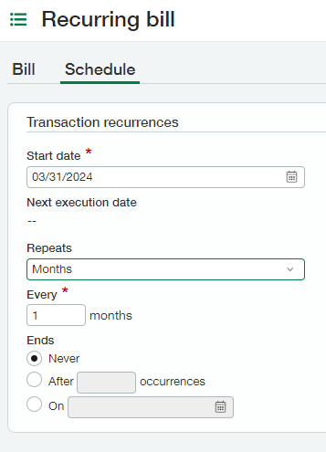 Sage Intacct recurring bill schedule tab