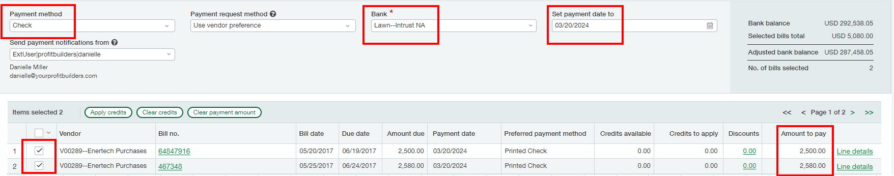 Sage Intacct pay bills screen
