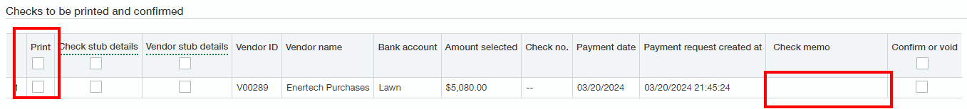 Sage Intacct check printing screen