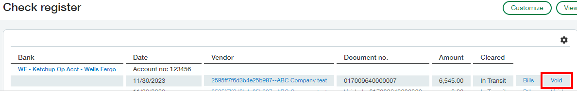 Sage Intacct check register void link