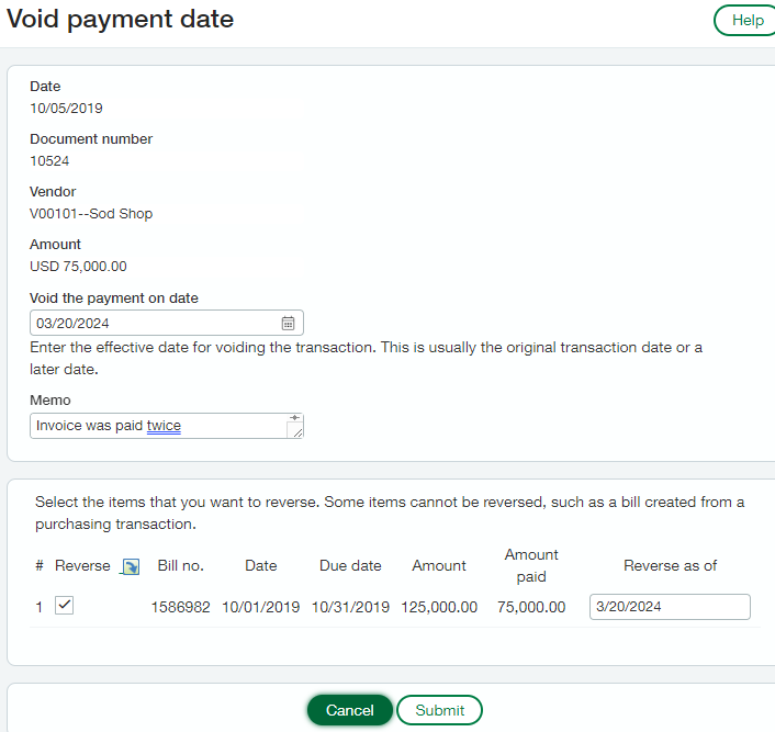 Sage Intacct void check screen