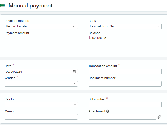 Sage Intacct manual payment screen