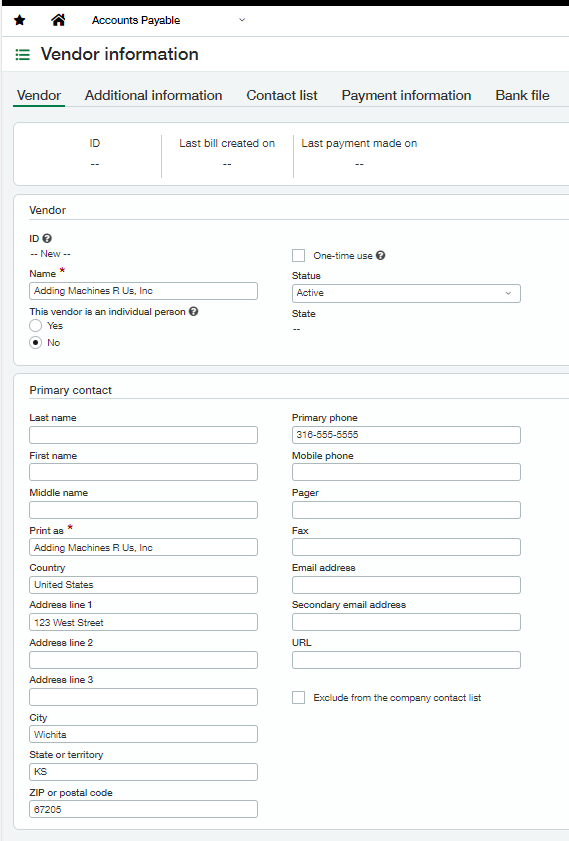 Sage Intacct vendor tab fields