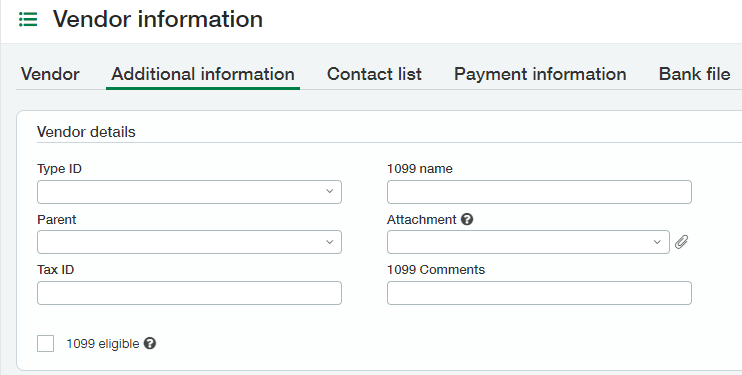 Sage Intacct vendor additional information tab