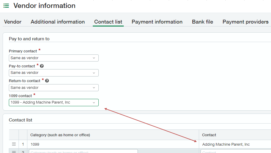 Sage Intacct vendor contact list tab