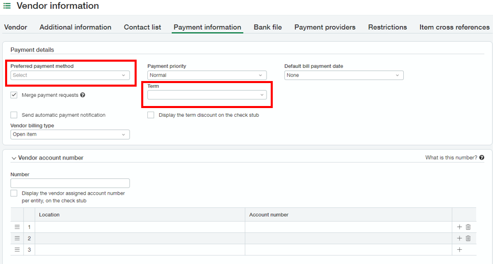 Sage Intacct vendor payment information tab