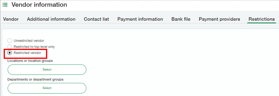 Sage Intacct vendor restrictions tab