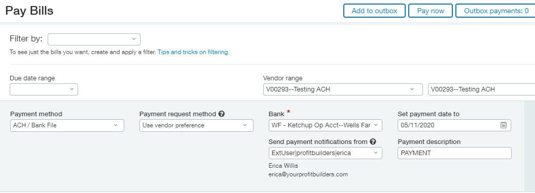 Sage Intacct pay bills screen with ACH payment method