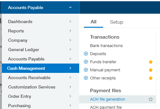Sage Intacct Cash Management ACH file generation menu