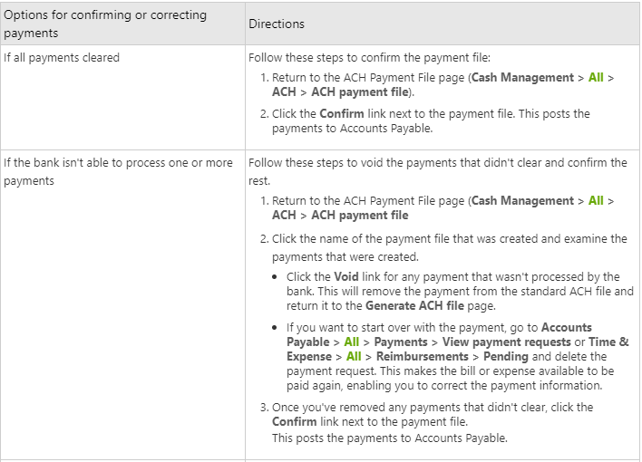 Sage Intacct ACH payment file download screen