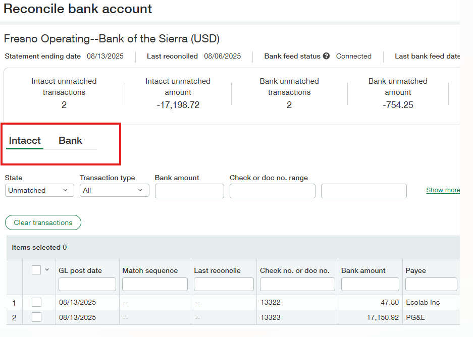 Sage Intacct reconciliation with Intacct and bank transaction tabs