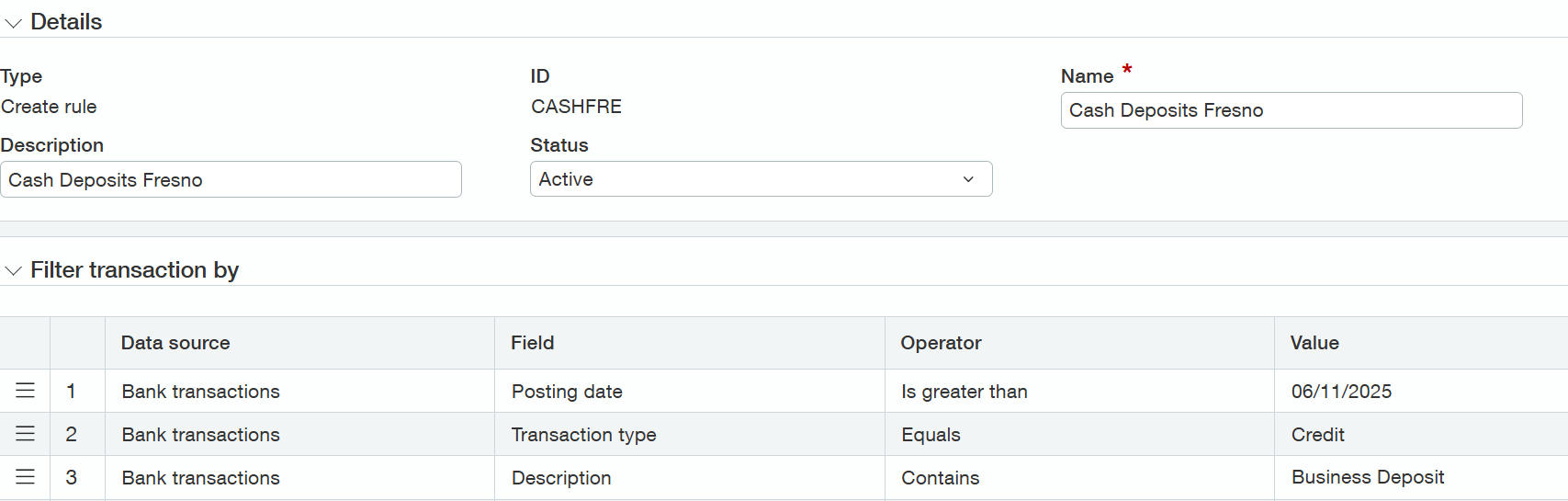 Sage Intacct create rule configuration