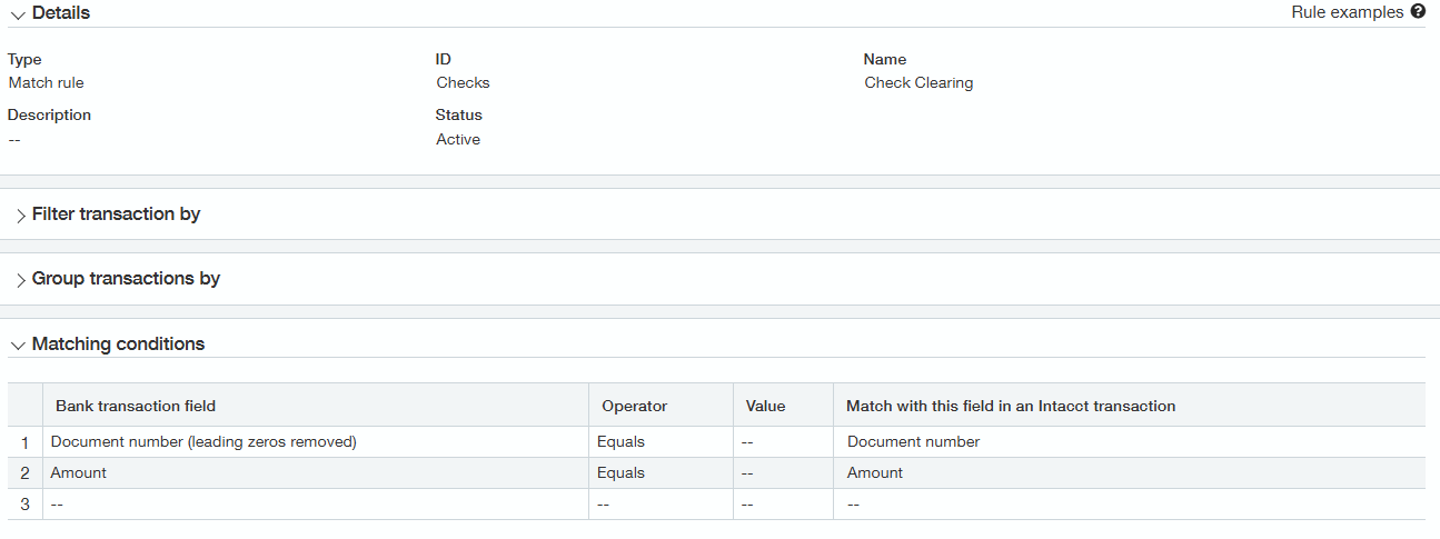 Sage Intacct match rule configuration