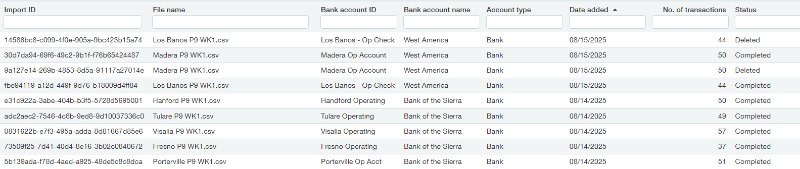 Sage Intacct bank transaction import file status screen