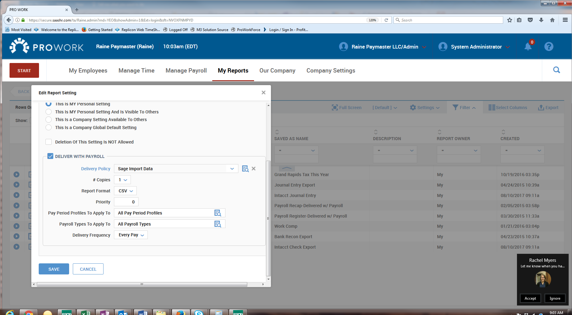 ProWork report email configuration