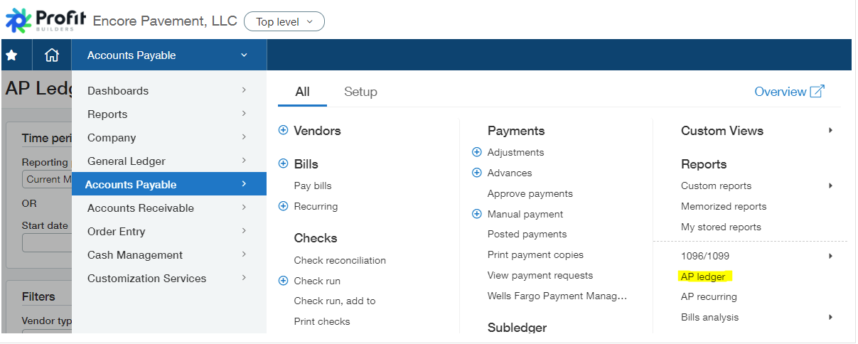 Sage Intacct AP ledger report menu