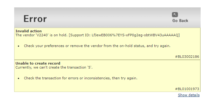 Sage Intacct blocked posting for on hold vendor