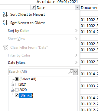 Excel filter on date column showing blanks