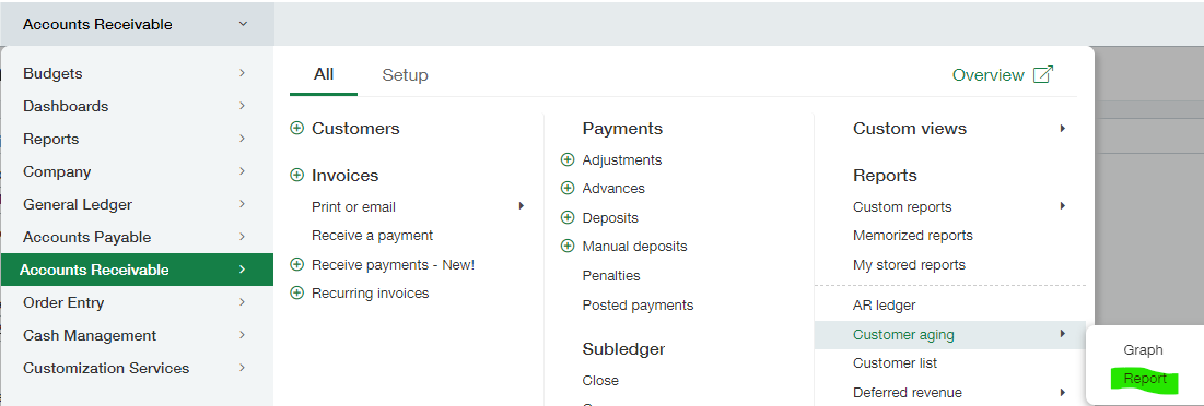 Sage Intacct accounts receivable aging report menu