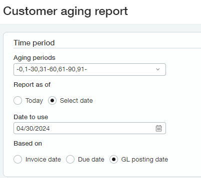 Sage Intacct aging report date and basis settings