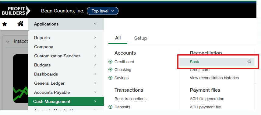 Sage Intacct Cash Management bank menu