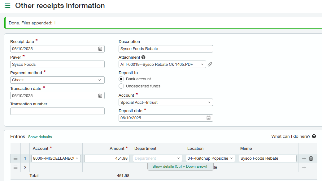 Sage Intacct other receipts entry screen