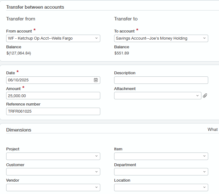 Sage Intacct funds transfer screen
