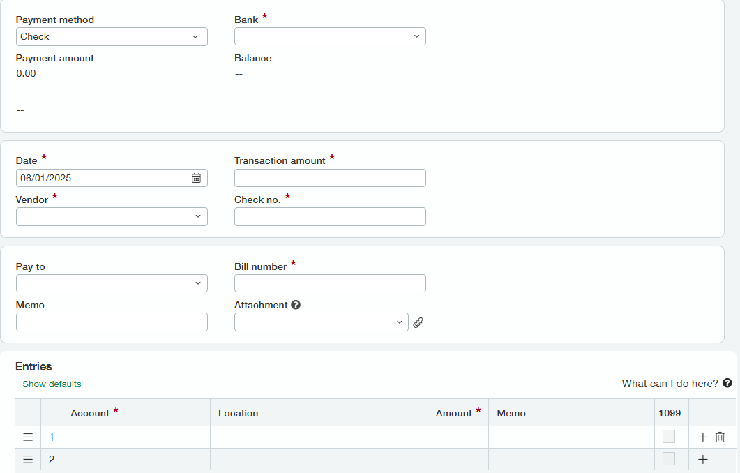 Sage Intacct manual payment screen