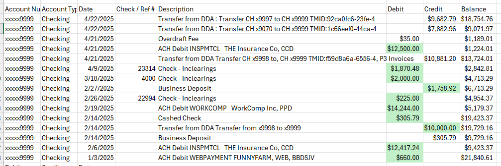 Excel bank activity used alongside the reconciliation