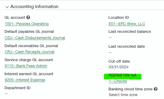 Sage Intacct bank account accounting information with rule set