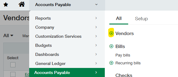 Sage Intacct Accounts Payable menu with the add vendor button highlighted