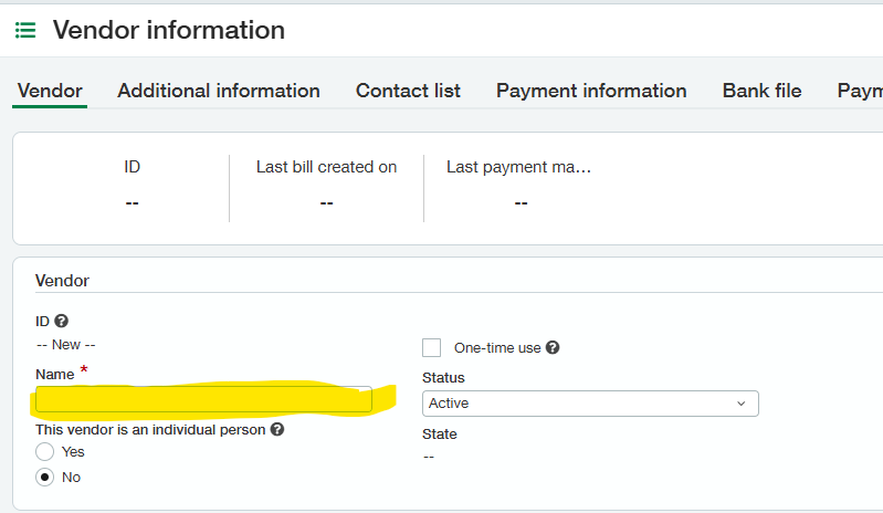 Sage Intacct vendor name entry field
