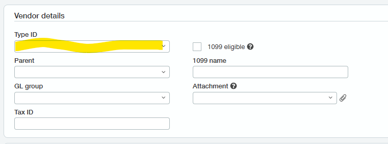Sage Intacct vendor Type ID dropdown