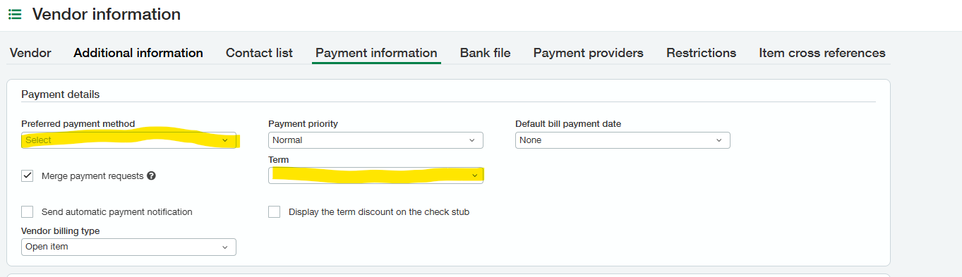 Sage Intacct vendor payment information fields
