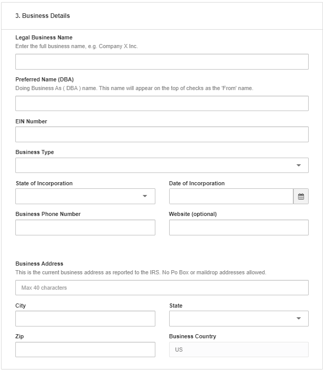 Plate IQ enrollment form business details section