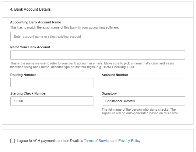 Plate IQ enrollment form bank account details section