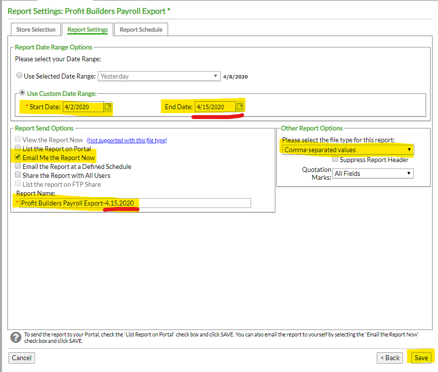 Aloha Enterprise payroll export report settings
