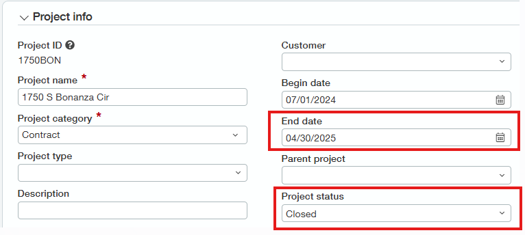 Sage Intacct project status and date fields