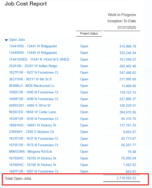 WIP report tied to general ledger balance
