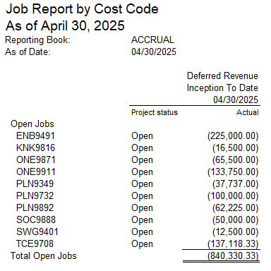 Deferred revenue report tied to general ledger balance