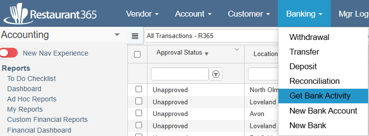 Restaurant365 banking menu with get bank activity