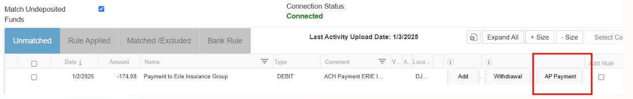 Restaurant365 AP payment button on bank activity