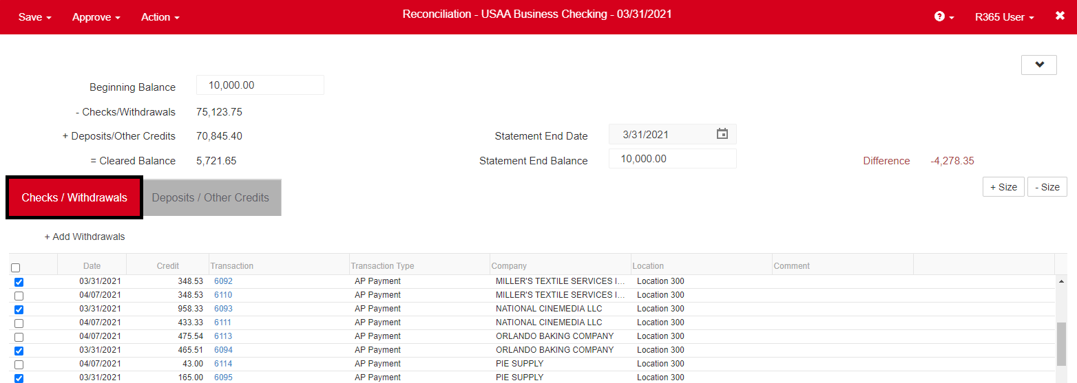 Restaurant365 checks and withdrawals tab