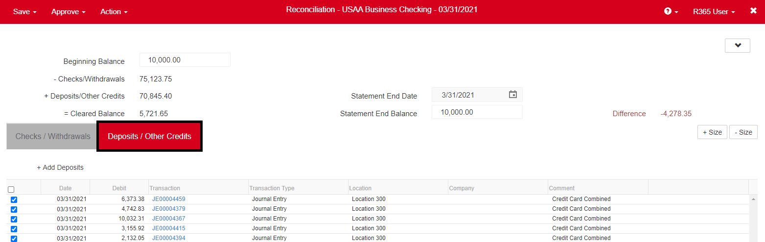 Restaurant365 unmatch button on a transaction row