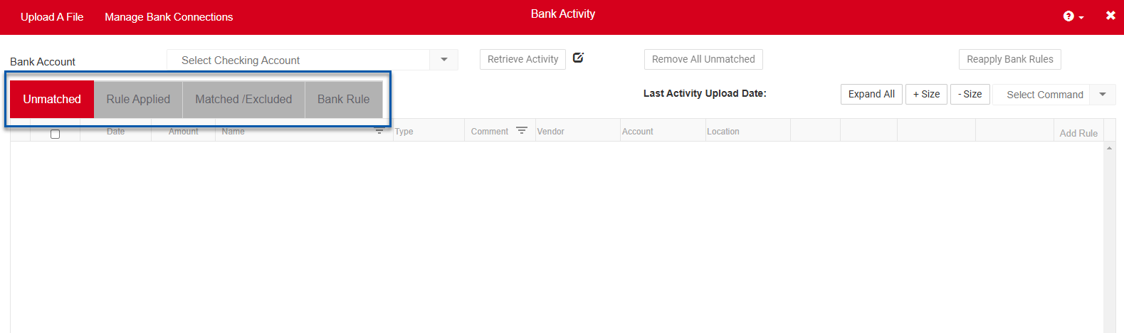 Restaurant365 bank activity page showing four tabs