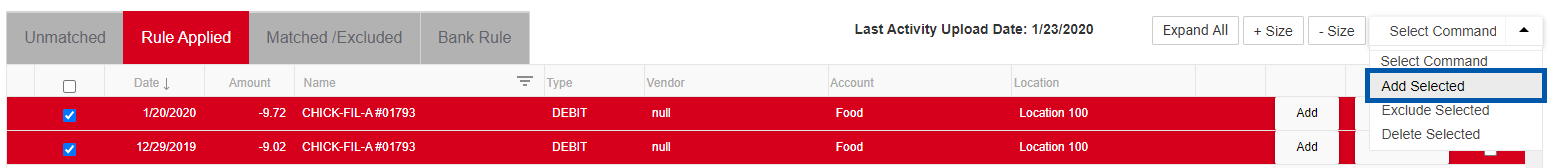 Restaurant365 rule applied tab