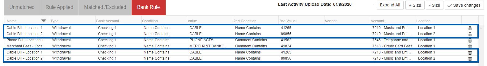 Restaurant365 duplicate bank rule entries